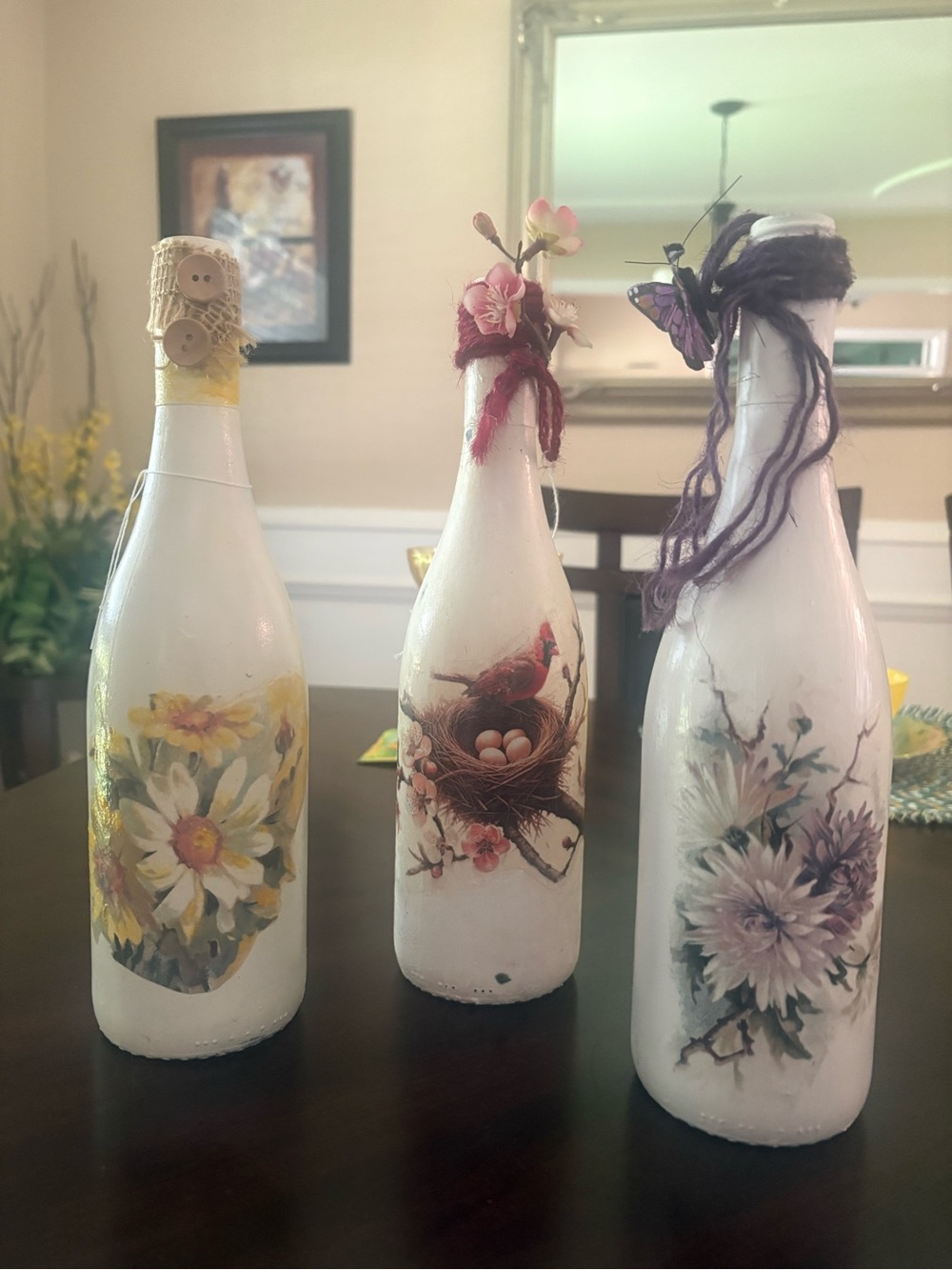 Handcrafted White/Cream Floral Decoupage Wine Bottle Accent - Decorative accent